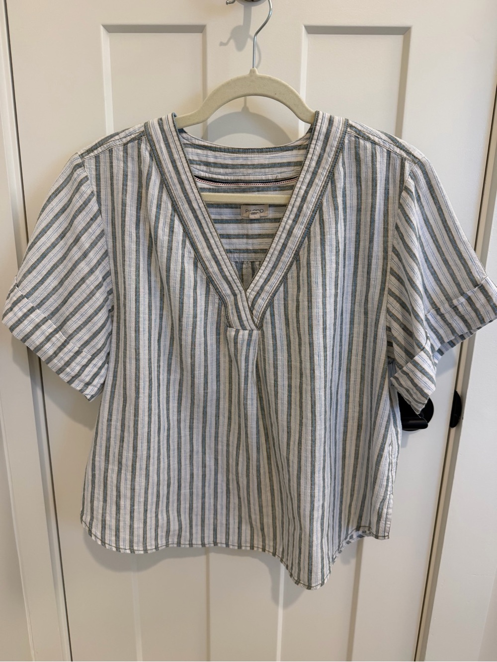 Anthropologie Striped V-Neck Short Sleeve Top in White and Green